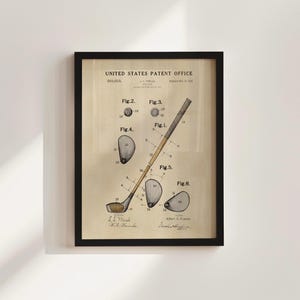 Impresión enmarcada de patente de palo de golf, decoración de oficina de golf, regalo de golf para él, póster de golf vintage, impresión de acuarela, regalo para papá