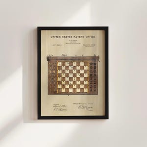 Chess Board Patent Framed Print, Chess Office Decor, Chess Gift for Him, Vintage Chess Poster, Watercolor Print, Gift for Dad