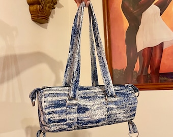 Blue & White Denim Mini Duffle Bag | Canvas Bag | Duffel Bag | Telfar Inspired | Shopping Bag | Woman's Cute Purse