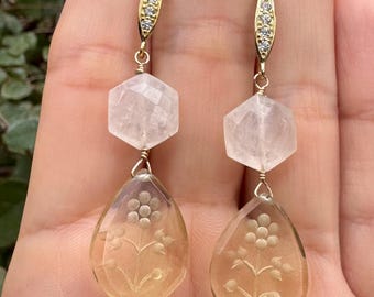 Lemon Quartz Earrings: Moonstone faceted, Gold Vermeil Dangle Earrings.