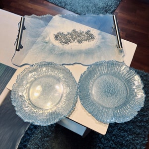 Handmade resin blue serving tray and a quartet of accompanying plates.