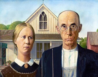 May include: A painting of a couple standing in front of a house. The woman is wearing a brown dress with white polka dots and a white collar. The man is wearing a dark suit, a white shirt, and a blue overall. He is holding a pitchfork. The house is white with a brown roof and a window with a stained glass design.