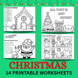 Puede incluir: Una colección de 14 hojas de trabajo imprimibles de Navidad. Las hojas de trabajo incluyen una casa de jengibre para colorear por números, una escena de árbol de Navidad, una historia de Navidad y una actividad de buscar las diferencias. El texto "CHRISTMAS 14 PRINTABLE WORKSHEETS" está en la parte inferior.