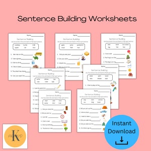 Sentence Building Worksheets for Kindergarten, pdf, instant download, digital product