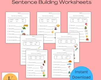 Sentence Building Worksheets for Kindergarten, pdf, instant download, digital product