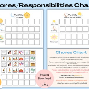 Chores/Responsibilities Charts, Morning/Evening, Daytime/Nighttime,  Instant download, pdf.