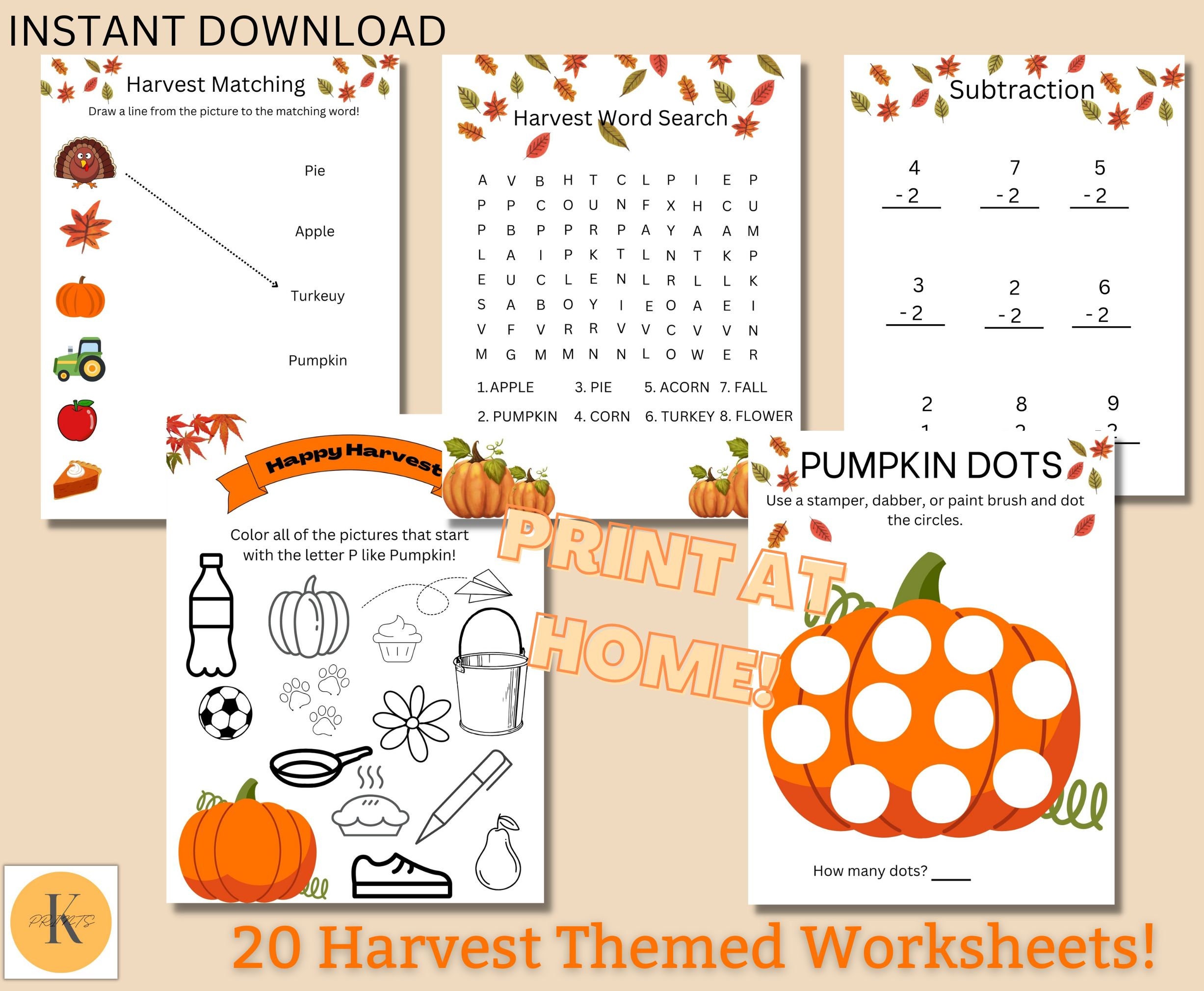 20 Digital Fall / Harvest Themed Worksheets, Elementary Worksheets