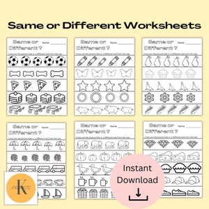 May include: Black and white printable worksheet for kids to practice identifying objects that are the same or different sizes. The worksheet has six sections, each with a different set of objects. The instructions are "Same or Different?" and "Cross out the picture that is a different size from the rest."