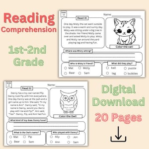 May include: Black and white printable worksheet for 1st and 2nd grade reading comprehension. The worksheet features two short stories about a cat named Misty and an owl named Pip. The worksheet includes multiple choice questions about the stories and coloring pages of the cat and owl.
