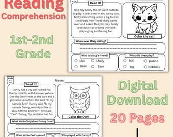 May include: Black and white printable worksheet for 1st and 2nd grade reading comprehension. The worksheet features two short stories about a cat named Misty and an owl named Pip. The worksheet includes multiple choice questions about the stories and coloring pages of the cat and owl.