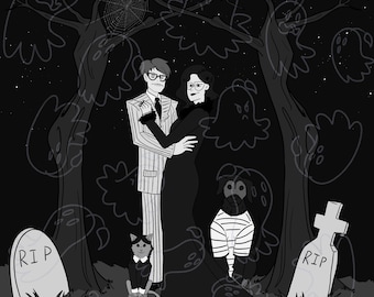 Può includere: Un'illustrazione in bianco e nero di una coppia vestita con costumi di Halloween in piedi davanti a un albero inquietante con fantasmi. La donna indossa un vestito nero e l'uomo indossa un abito. Ci sono due lapidi con le parole "RIP" su di esse.