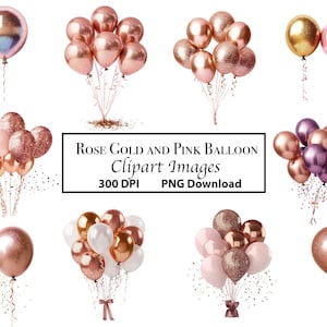 10 clipart de balão rosa dourado e rosa brilhante, sobreposições digitais com confete, download instantâneo PNG, resolução de 300 DPI