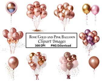 10 Rose Gold and Pink Glitter Balloon Clipart, Digital Overlays with Confetti, PNG Instant Download, 300 DPI Resolution