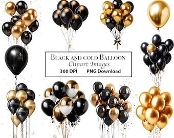 10 Black and Gold Balloon Clipart Images, Digital Overlays with Confetti, PNG Instant Download, 300 DPI Resolution