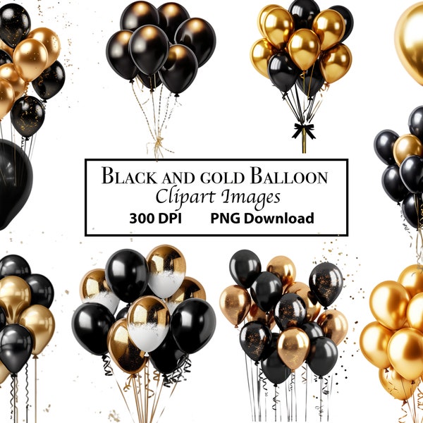 10 Black and Gold Balloon Clipart Images, Digital Overlays with Confetti, PNG Instant Download, 300 DPI Resolution