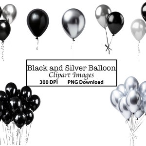 7 imagens de clipart de balão preto e prateado, sobreposições digitais, download instantâneo PNG, resolução de 300 DPI