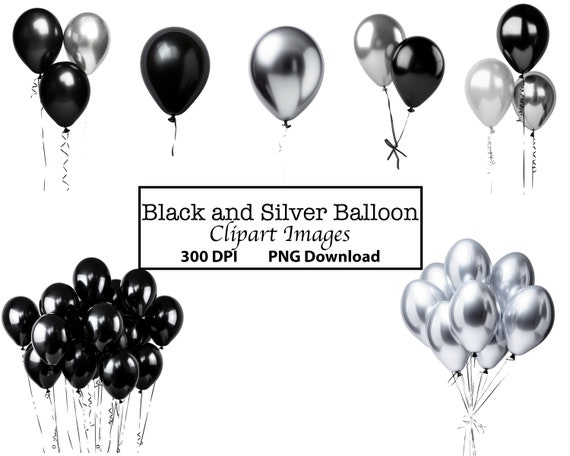 7 Black and Silver Balloon Clipart Images, Digital Overlays, PNG Instant Download, 300 DPI Resolution