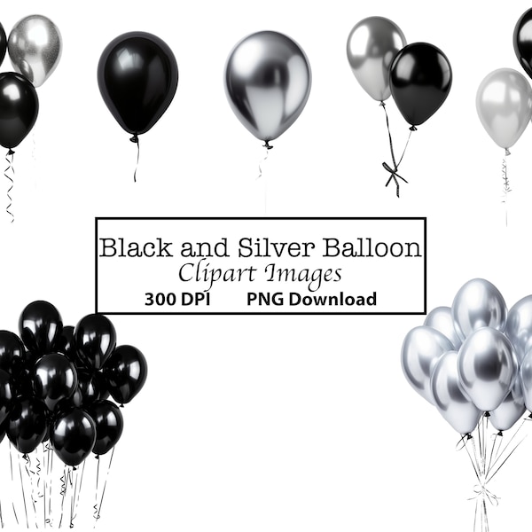 7 Black and Silver Balloon Clipart Images, Digital Overlays, PNG Instant Download, 300 DPI Resolution