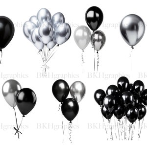 May include: A collection of black and silver balloons. Some balloons are tied together in bunches, while others are tied individually. The balloons are all inflated and ready to be used for a party or celebration.