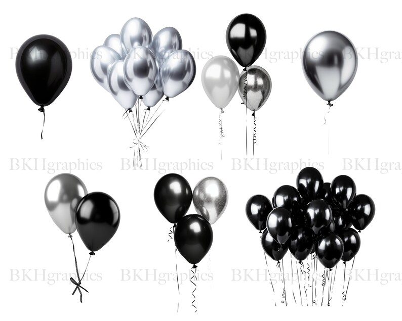 May include: A collection of black and silver balloons. Some balloons are tied together in bunches, while others are tied individually. The balloons are all inflated and ready to be used for a party or celebration.