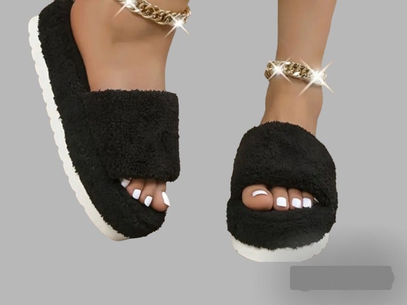 New Women s Autumn Style Open Toe Plush Slippers Size 8.5 10 Etsy