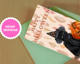 Feliz Halloween lindo gato imprimible 4x8 tarjeta de Halloween - Descarga instantánea