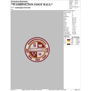 Op de afbeelding: Een geborduurde patch in rood, wit en geel met de woorden "WASHINGTON FOOTBALL" en "COMMANDERS" in een cirkel. De patch bevat ook de nummers "19", "32" en "1983".