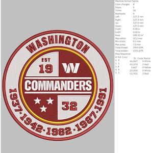 Puede incluir: Un parche bordado en rojo, blanco y amarillo con las palabras "WASHINGTON EST 19 W COMMANDERS 32 1937-1942-1982-1987-1991".