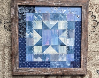 Collage originale incorniciato a forma di stella a dente di sega (8x8): collage di carta ritagliata, decorazione in stile rustico, arte vintage, arte geometrica, ricamo.