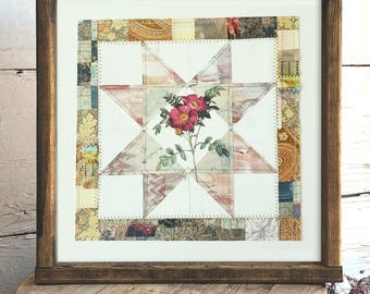 Patchwork Paper Collage: Rose Applique, Vintage Botanical Wall Art (12x12)