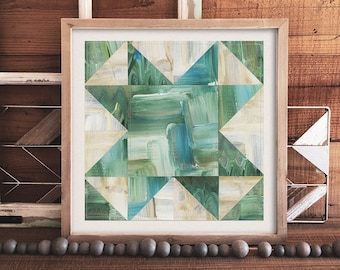 Giclée-tryck med målad sågtandsstjärna: Geometrisk väggkonst med quiltblock
