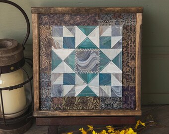 Sawtooth Star Paper Quilt Collage (8x8) : Cut Paper Collage Art, Farmhouse Decor, Vintage Art, William Morris, Geometric Art, Rustic Art