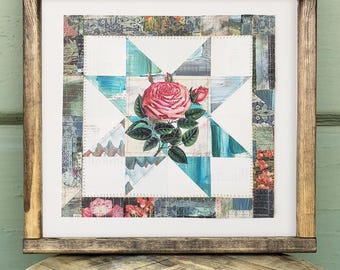 Patchwork Paper Collage: Rose Applique, Vintage Botanical Wall Art