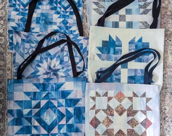 Patchwork Print Tote Bag, Quilt Block Bag, Gifts for Quilters, AOP, Sawtooth Star, Lonestar
