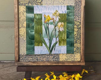 Patchwork Paper Collage: Bearded Iris Applique, Vintage Botanical Wall Art (8x8)