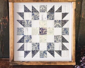William Morris Floral Collage Art: Cut Paper Quilt Block, 8x8 Cottagecore Decor
