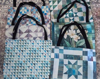 Patchwork Print Tote Bag, Quilt Block Bag, Gifts for Quilters, AOP, Sawtooth Star, Geometric Print