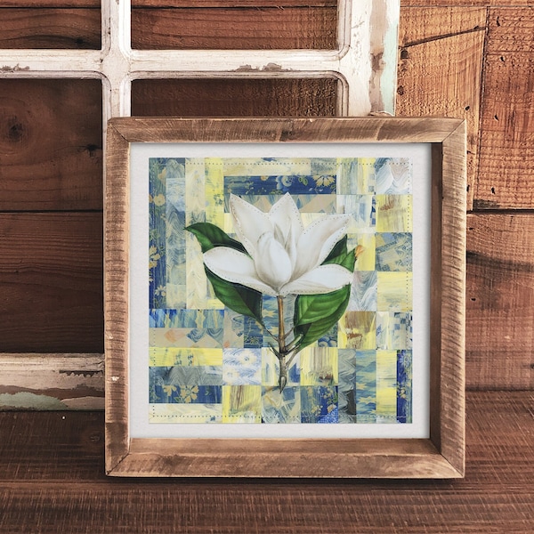 Magnolia Flower Print 8x8 | 6x6 | Giclée Print | Paper Quilt | Collage Art | Square Print | Patchwork Painting | Floral Applique | Botanical