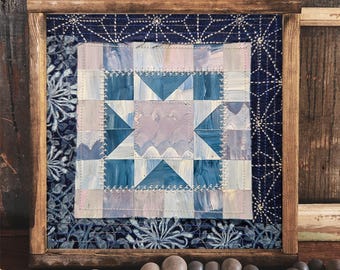 Sawtooth Star Collage (8x8) : Cut Paper Collage Art, Farmhouse Decor, Vintage Art, William Morris Geometric Art, Embroidery Art