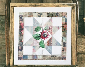 Passionflower Paper Collage: Vintage Botanical Quilt Art (12x12)