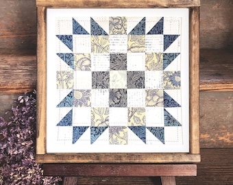 William Morris Floral Quilt Collage Art (8x8) : Cut Paper Quilt Block, Cottagecore Decor