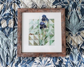 Framed Iris Collage Print 8x8 | Giclée Print | Iris Floral | Vintage Floral Art | Botanical Art | Paper Quilt | Square Print