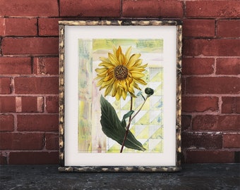 Giclée-tryck med solroskollage: Vintage blommig geometrisk konst (8x10)