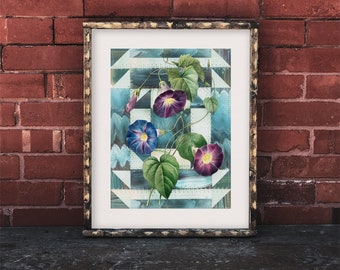 Morning Glory Collage Print 8x10 | Giclée Print | Vintage Floral Art | Geometric Wall Art | Flower Collage | Botanical Art | Embroidered Art