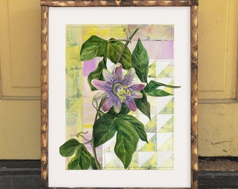 Passionflower Quilt Print 8x10 | Giclée Print | Vintage Floral Art | Geometric Wall Art | Mother's Day Gift | Flower Collage | Botanical Art