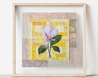Patchwork Paper Collage (8x8) : Tulip Magnolia Applique, Vintage Botanical Wall Art, William Morris, Farmhouse, Cottagecore
