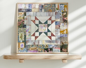 Patchwork Paper Collage: Sawtooth Star Embroidery Art (12x12")