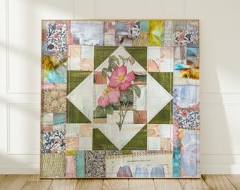 Original Pink Rose Patchwork Collage (12x12): Cottagecore, Eclectic Art, Embroidery Art, Botanical Art, Rose Decor, Vintage Floral Art