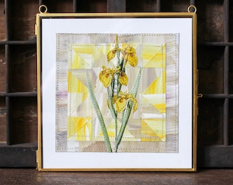 Iris Floral Collage 6x6 | Sawtooth Star | Quilt Square | Floral Applique | Paper Quilt | Vintage Botanical Art | Yellow Floral Decor