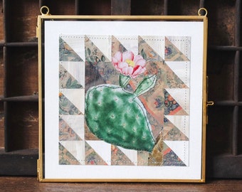 Original Cactus Flower Collage 6x6 | Vintage Botanical Art | Floral Applique | Cactus Decor | Paper Collage Quilt | Mixed Media Collage